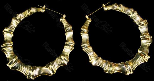 HUGE 9cm BIG BAMBOO EARRINGS creole hoops ROUND HOOP fashion celebrity GOLD  TONE | eBay.de