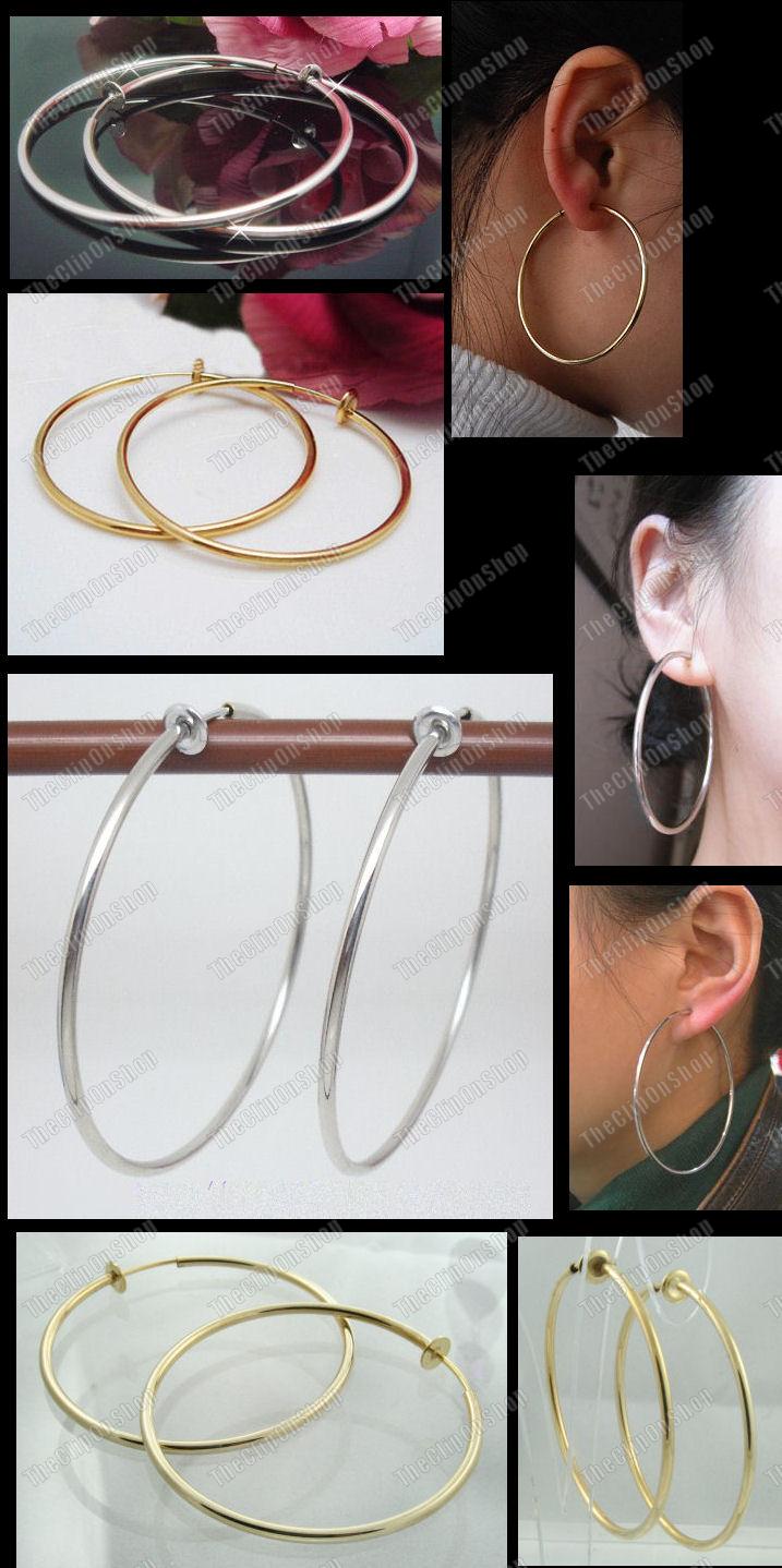 CLIP ON fake hoops GOLD/SILVER big,small,medium HOOP EARRINGS look like ...