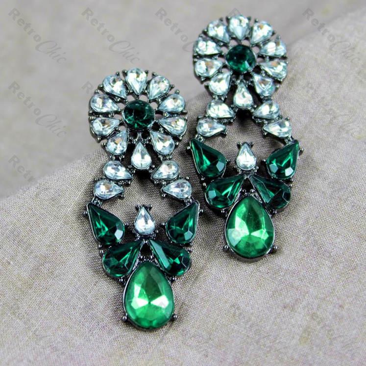 Retro Chandelier Green Black Rhinestone Earrings Antique Style Black Rhinestone Earrings Antique Style