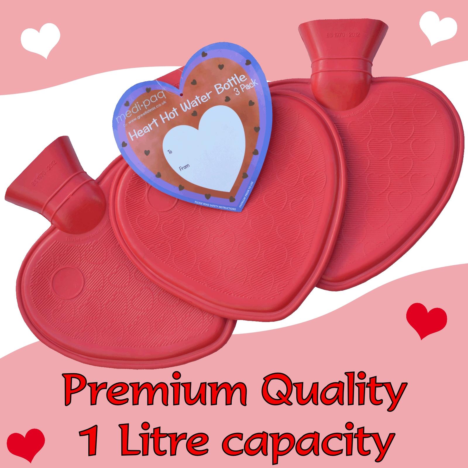 3 Hot Water Bottle Gift Set 1 Litre Small Heart Shaped Bed Warmer